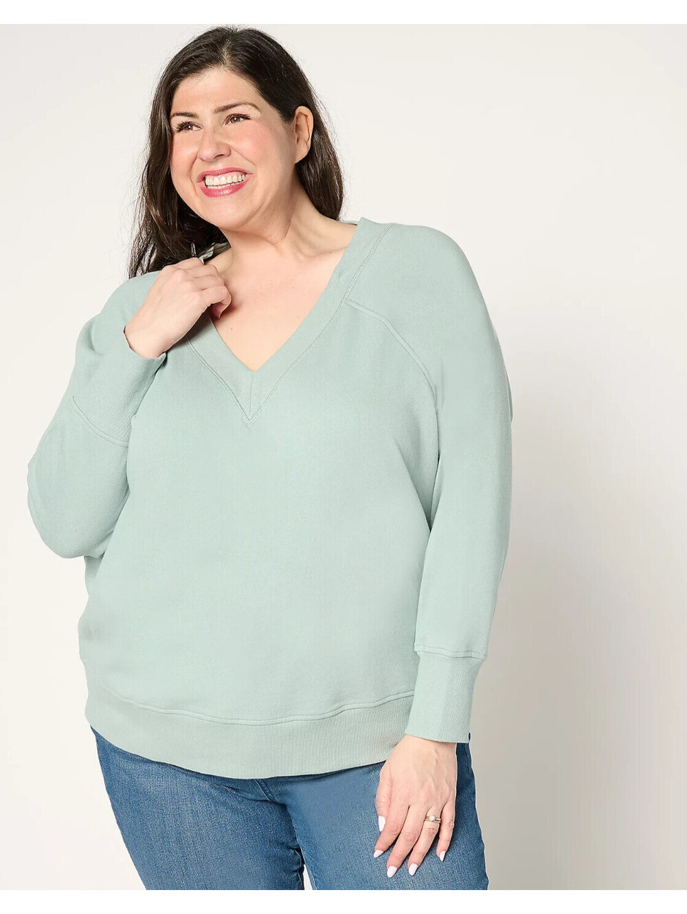 Studio Park x Amy Stran French Terry V-Neck Pullover Aqua Misti Large #29M